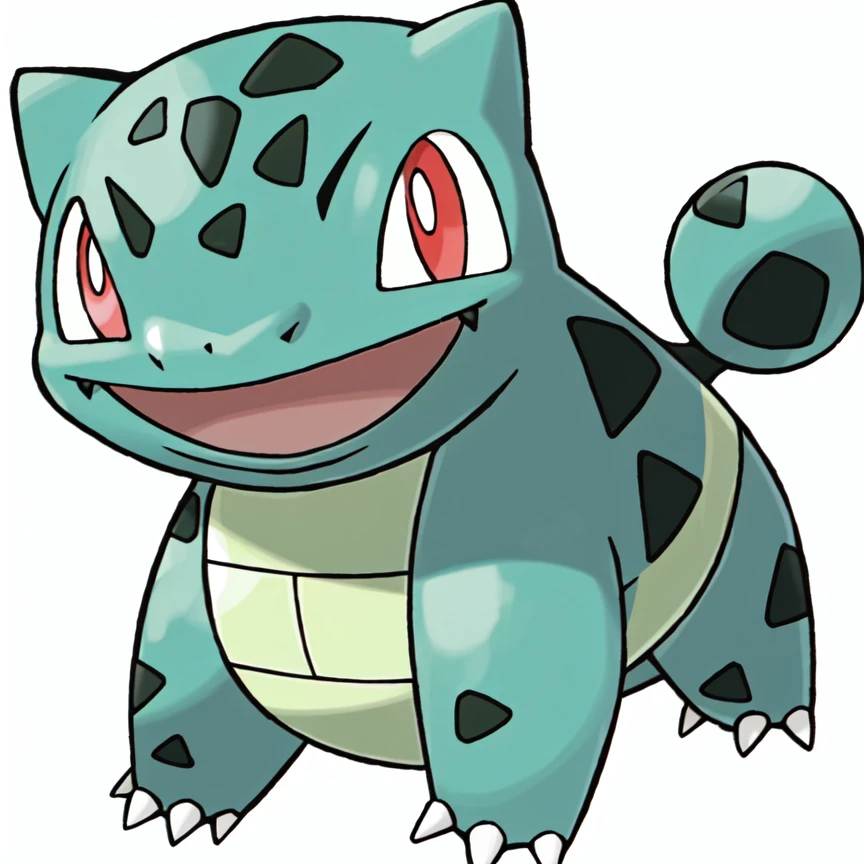 sugimori ken \(style\), bulbasaur, solo, looking at viewer, smile, open mouth, red eyes, full body, :d, no humans, pokemon \(creature\), fangs, happy, claws, bright pupils, white pupils, white background,
<lora:sugimori_ken_style_2-000035:0.5>