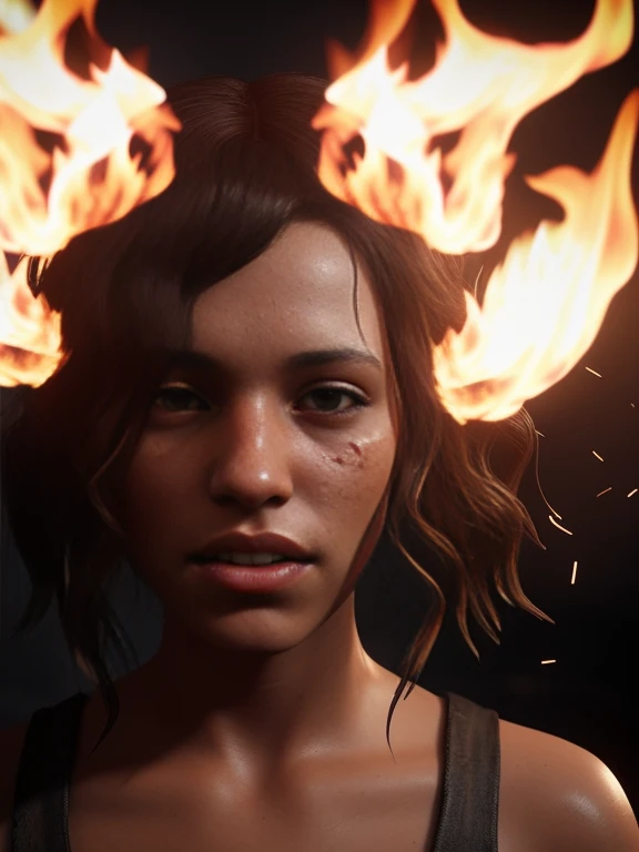 1girl, artist_name, blurry, blurry_background, breathing_fire, brown_eyes, burning, candle, crying, curly_hair, depth_of_field, embers, explosion, fiery_hair, fire, flame, forehead, freckles, lips, long_hair, looking_at_viewer, mole, mole_under_eye, nose, signature, smoke, solo, tears, teeth, wavy_hair, (SEMI-SILHOUETTE light:1.1), (raytracing:1.1), (cryengine:1.1), (skin detail:1.1),(photrealistic:1.1)