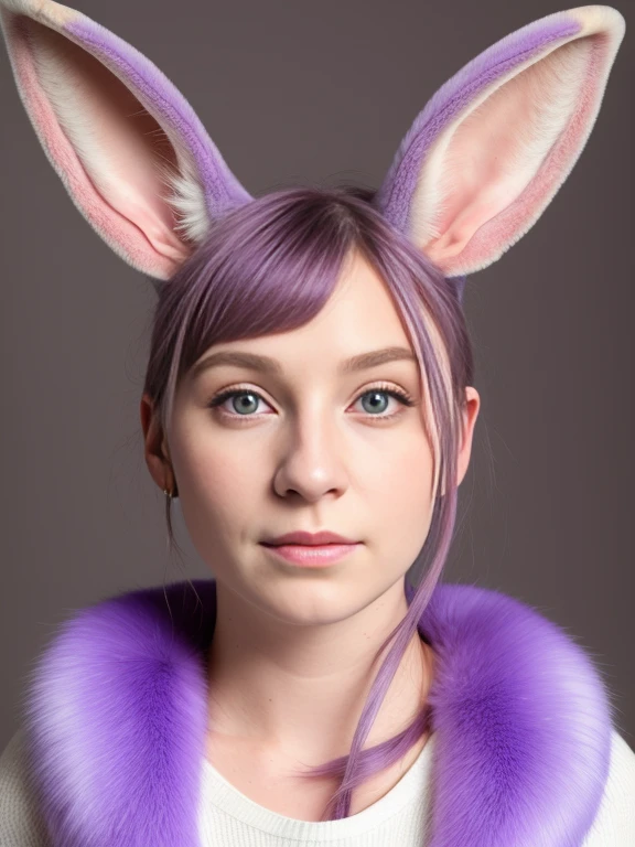 anthro, solo, lagomorph, clothing, mammal, female, leporid, rabbit, fur, portrait, purple eyes, clothed, hi res, pink nose, topwear, bust portrait, white body, looking at viewer, simple background, lighting, tuft, white fur