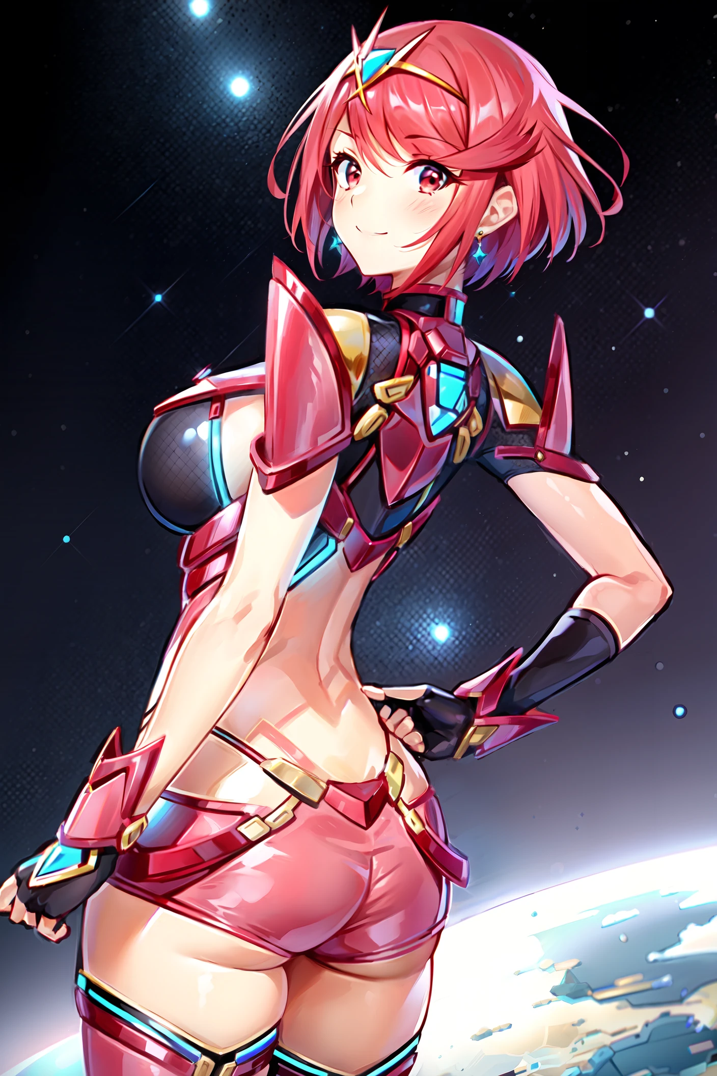 pyra \(xenoblade\), 1girl, armor, bangs, black gloves, breasts, red eyes, closed mouth, earrings, eyelashes, fingerless gloves, floating hair, framed breasts, gem, gloves, hair ornament, headpiece, jewelry, large breasts, leaning back, leotard, neon trim, official art, pose, red hair, red shorts, saitou masatsugu, short hair, short shorts, short sleeves, shorts, sidelocks, skin tight, solo, standing, swept bangs, thighhighs, tiara, space background, turtleneck, underbust, vambraces, xenoblade chronicles \(series\), (xenoblade chronicles 2),
<lora:mythra_pyra_pneuma-000042:0.5>