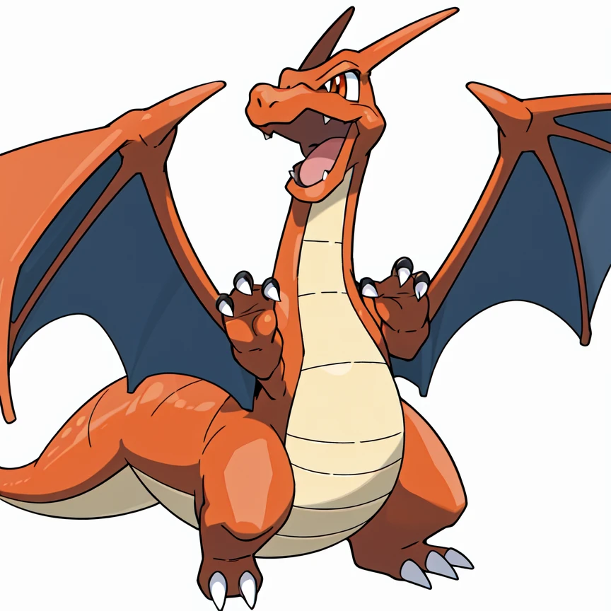 sugimori ken \(style\), pokemon \(creature\), dragonite, charizard mega X, solo, open mouth, simple background, full body, wings, teeth, tongue, no humans, fangs, claws, black body, white background,
<lora:sugimori_ken_style_2:0.5>