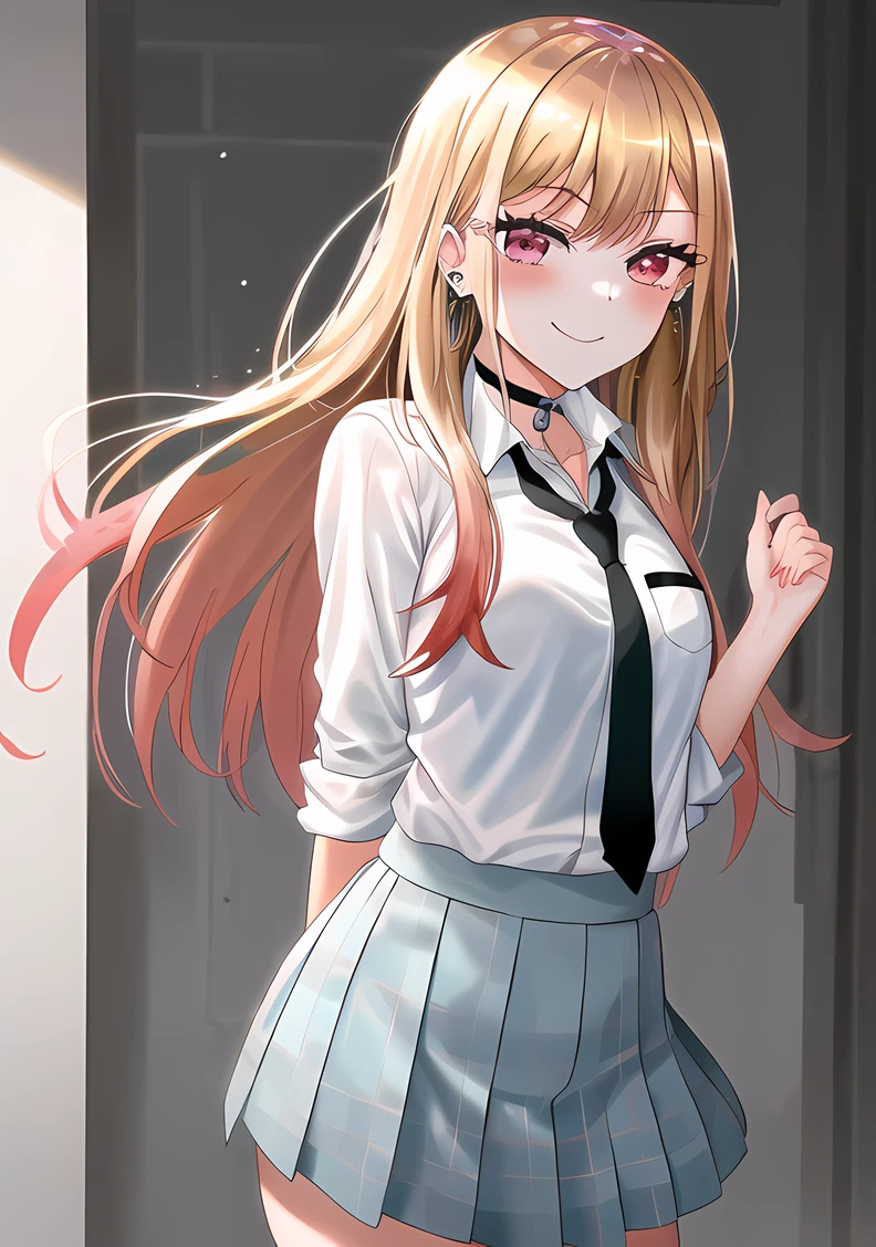 best quality, 1girl, standing, smile, earrings, barbell piercing, cowboy shot, white collared shirt, black choker, (black necktie), skirt, school, corneo_marin_kitagawa