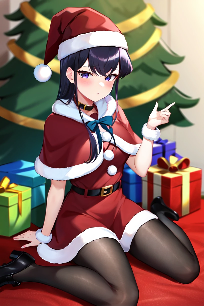 (komi shouko), 1girl, arm between legs, ase shibuki, bangs, belt, between breasts, black belt, black eyes, black footwear, black hair, blue ribbon, box, capelet, character doll, christmas, christmas tree, collar, parted lips, fur-trimmed capelet, fur-trimmed headwear, fur-trimmed skirt, fur trim, gift, gift box, hand up, hat, highres, indoors, komi-san wa komyushou desu, komi shouko, medium breasts, legs, long hair, looking at viewer, neck ribbon, plaid, red capelet, red headwear, red skirt, ribbon, santa hat, sitting, skirt, solo, swept bangs, thighhighs, thighs, wariza,

<lora:komi_shouko:0.6>