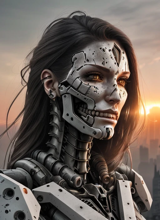 realistic photo of ((woman in a hulking hydraulic biomechanical exoskeleton armored robot)), (detailed face), sunset, sweaty, grime, post-apocalyptic, long hair, cyberpunk, (modelshoot style), nsfw