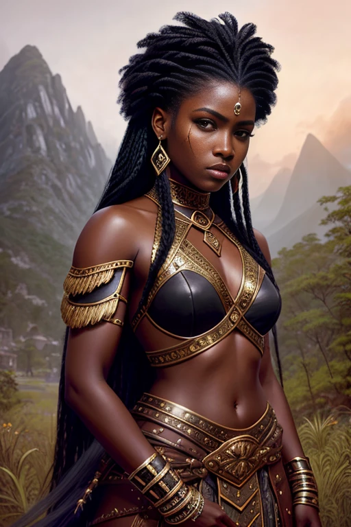 a beautiful (dark skin) woman, (braids:0.8), warrior princess, tcg artwork, fantasy character, realism, perfect rendered face, perfect face details, oil on canvas, contemporary realism, photography, portrait, professional, canon camera, nikon camera, sharp, bokeh, studio quality, HD, cozy, cinematographic, by Sebastiao Salgado, by Gustave Courbet, by Rodrigo Prieto, by Miles Aldridge, ((sfw))