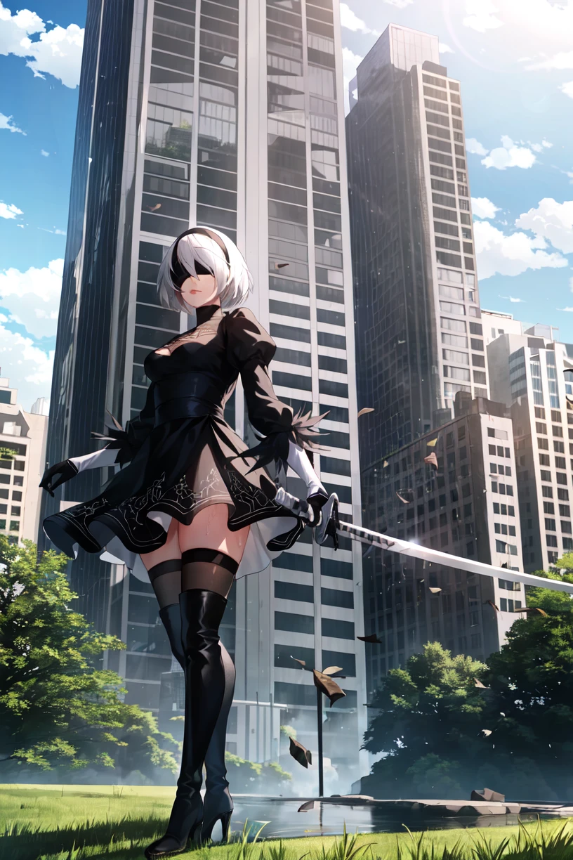 yorha no. 2 type b, 1girl, absurdres, black blindfold, black dress, black hairband, blindfold, blue sky, boots, building, city, cloud, covered eyes, debris, dress, feather-trimmed sleeves, feather trim, from below, gloves, grass, hairband, high heel boots, high heels, highres, juliet sleeves, katana, leather, leather boots, long sleeves, nier \(series\), nier automata, outdoors, overgrown, pod \(nier automata\), post-apocalypse, puddle, puffy sleeves, rubble, ruins, scenery, sky, thigh boots, thighhighs, thighhighs under boots, water

<lora:yorha_noDOT_2_type_b:0.5>