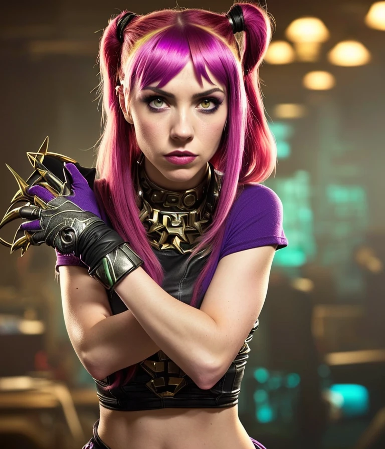 solo mid shot portrait photo of [Nina Dobrev|Carly Rae Jepsen] as [Hayley Williams|Suki Waterhouse] as a real life version of (Jinx from League of Legends:1.28), open office fantasy background, charming smirking, by Alexander Jansson and Zhang Jingna
ultra realistic highly detailed intricate
photorealistic analog style photograph
sharp focus on eyes, cinematic lighting