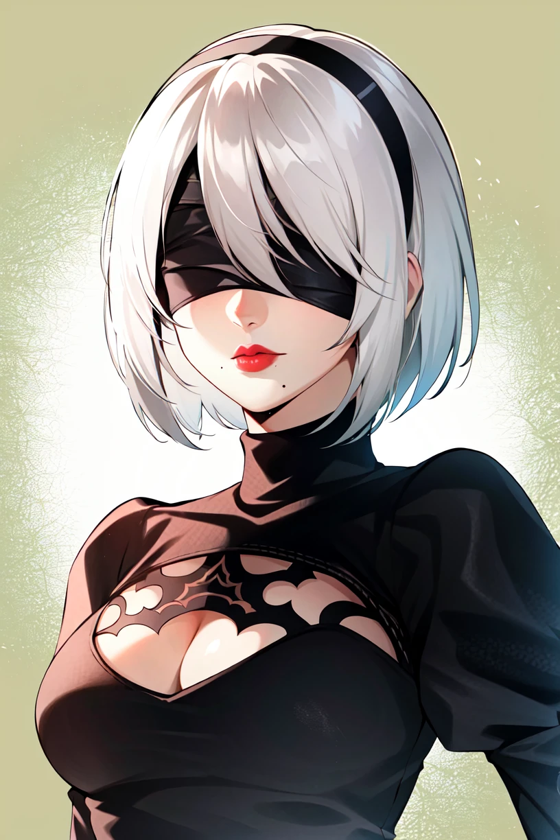 yorha no. 2 type b, 1girl, blindfold, breasts, cleavage, cleavage cutout, clothing cutout, green background, hair between eyes, hairband, highres, juliet sleeves, long sleeves, mole, mole under mouth, nier (series), nier automata, oni gini, puffy sleeves, red lips, shaded face, short hair, solo, turtleneck, upper body, white hair,
<lora:yorha_noDOT_2_type_b:0.5>