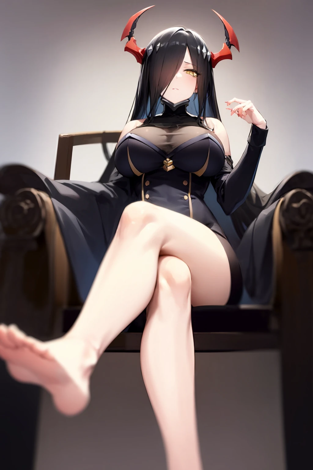 <lora:fdg_last:1> sitting, crossed legs, from below, looking down, looking at viewer, formal, serious, friedrich der grosse \(azur lane\), soles,