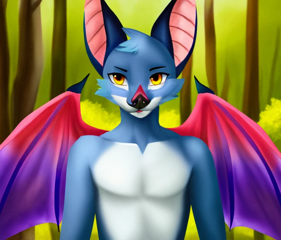 A sharp focus half-length portrait pretty watercolor countershade soft rim lighting shading digital artwork buff winged wings male bat featureless looking at viewer three-quarters view standing forest background