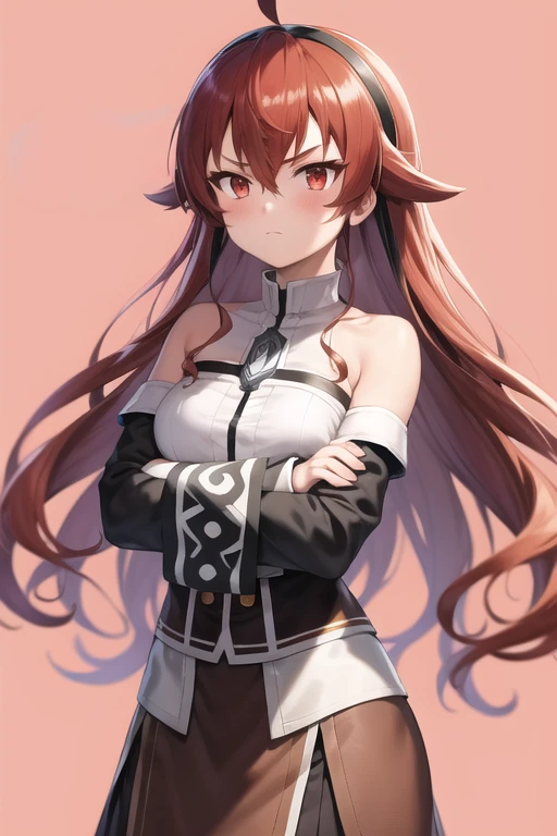 <lora:eris_v6:1> eris greyrat, 1girl, ahoge, bangs, bare shoulders, black hairband, brown skirt, closed mouth, clothing cutout, crossed arms, hair between eyes, hairband, long hair, long sleeves, looking at viewer, red eyes, red hair, shoulder cutout, simple background, skirt, solo, highres, haaam, mushoku tensei