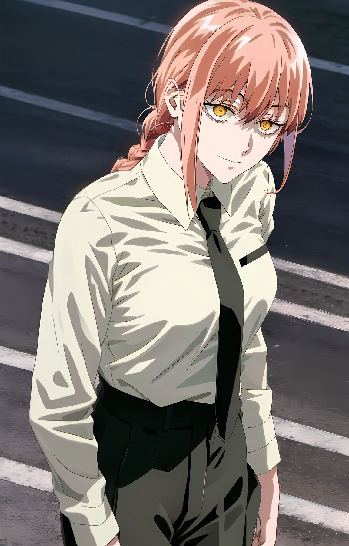 rebuild style, 1girl, solo, makima \(chainsaw man\), red hair, bangs, collared shirt, black necktie, looking at viewer, medium hair, white shirt, yellow eyes, (ringed eyes), shirt, medium breasts, black pants, (holding chain), chain, evil smile, cowboy shot, cityscape, day, blue sky,  <lora:makimaChainsawMan_offset:1>, <lora:rebuildOfEvangelion_v4b-26:0.65>,