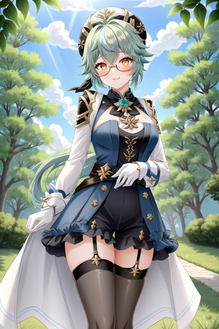 masterpiece, best quality, detailed,
sucrose \(genshin impact\),
{{ass focus, showing ass, {{{from below, ass grab}}}}},
animal ears, bangs, blue dress, blush, breasts, zettai ryouiki, shorts, semi-rimless eyewear, fur collar, gold trim, green hair, grey thighhighs, white beret, long hair, medium breasts, orange eyes, ponytail, short dress, shrug (clothing), smile, solo, cape, thighhighs, thighs, garter straps, white gloves,
mksks style, blue sky, highly detailed background, floral background, medieval houses, professional lightning, sunlight, tree,