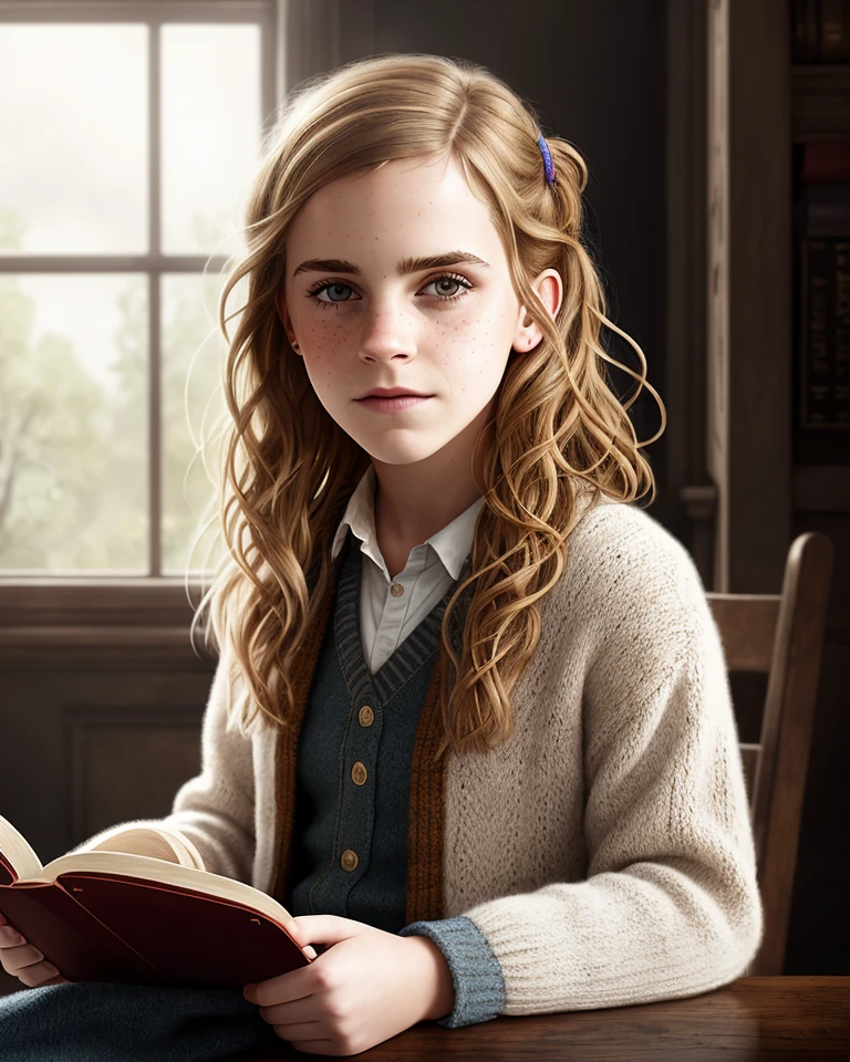 (1 girl) portrait of Emma Watson as Hermione Granger sitting next to a window reading a book, other hand not seeing, wearing black and red Hogwarts school robes, focused expression, golden hour, art by Kenne Gregoire, trending on artstation, (skin defect: 0,7) (freckled face: 0,7) (Birthmark: 0,3) (greasy hair: 0,7) (clothes wrinkling: 0,5) (body scrub: 0,4) (perfect eyes: 1,0) (eyes size: 1,0) (lipsticked mouth: 1,5) (boobs size big) (age 25) (hair color Brown) (long hair minimum) (make up minimum) (face skinny) (realistic fingers) (little nose) (NO TEXT) (attentive facial expression) (Fog: 1,1) (HEAVY RAINING) (left and right hands five fingers) , (studio quality:1.1), (8k uhd:1.1), (ultra realistic:1.1), (photography:1.1), (photorealism:1.1), (realistic:1.1), (detailed:1.1), (massive scale:1.1), (max detail:1.1), (soft lighting:1.1), (studio lighting:1.1), (photoshop:1.1), (portrait:1.1)