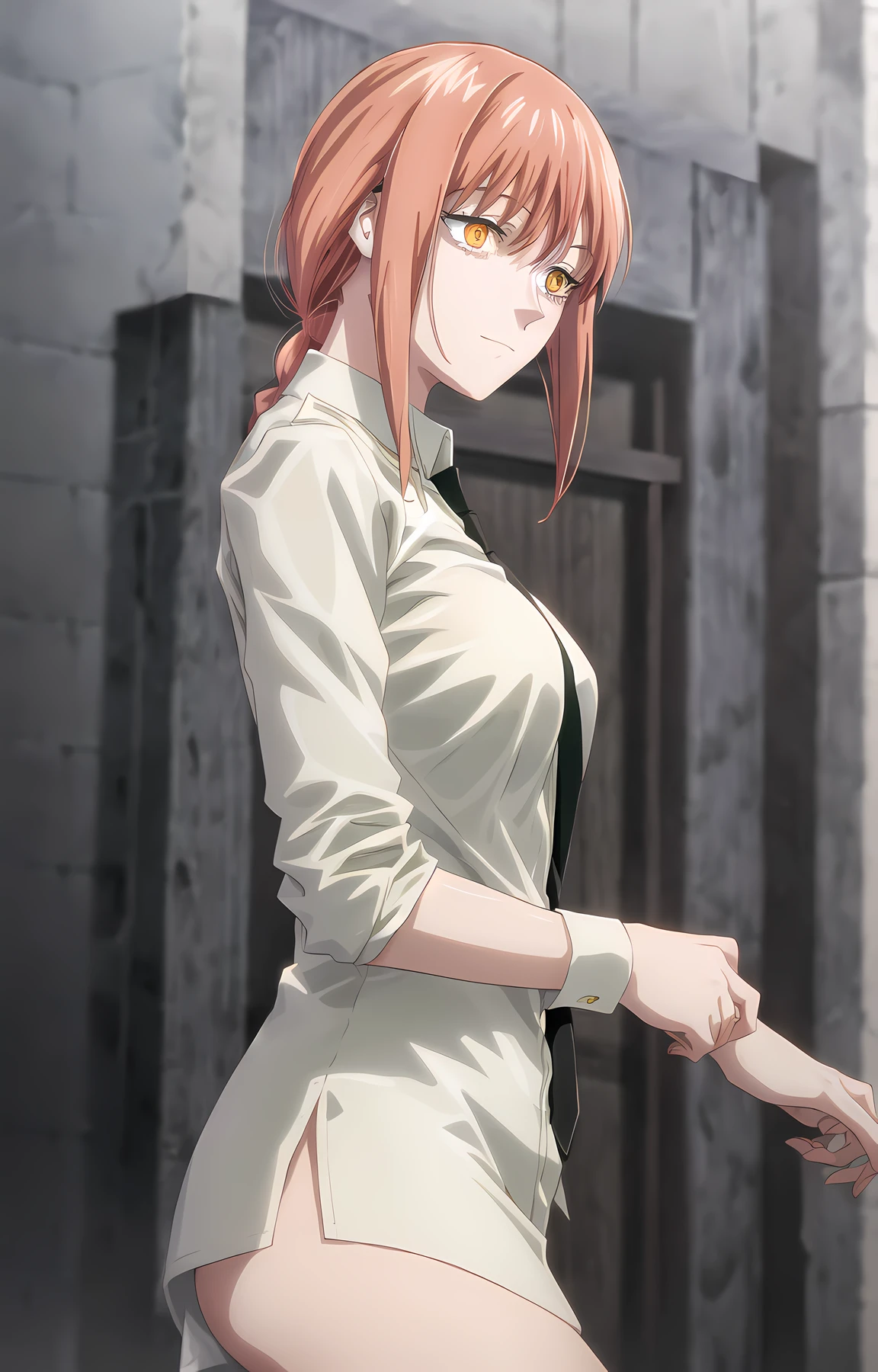 best quality, (ringed eyes), 1girl, standing, white collared shirt, black necktie, slight smile, corneo_makima