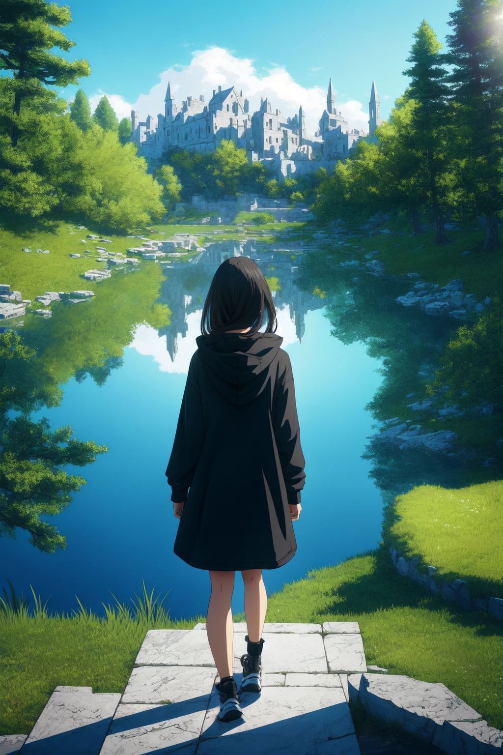 mksks style, (very detailed background:1.0), (highly detailed background:1.0), 1girl, full_body, looking_at_viewer, hoodie, partially_unzipped, masterpiece, best quality, (1girl, solo, girl:1.2), lake, grass, walking on water, jumping, stone ruins, chromatic aberration, depth of field, soft lighting