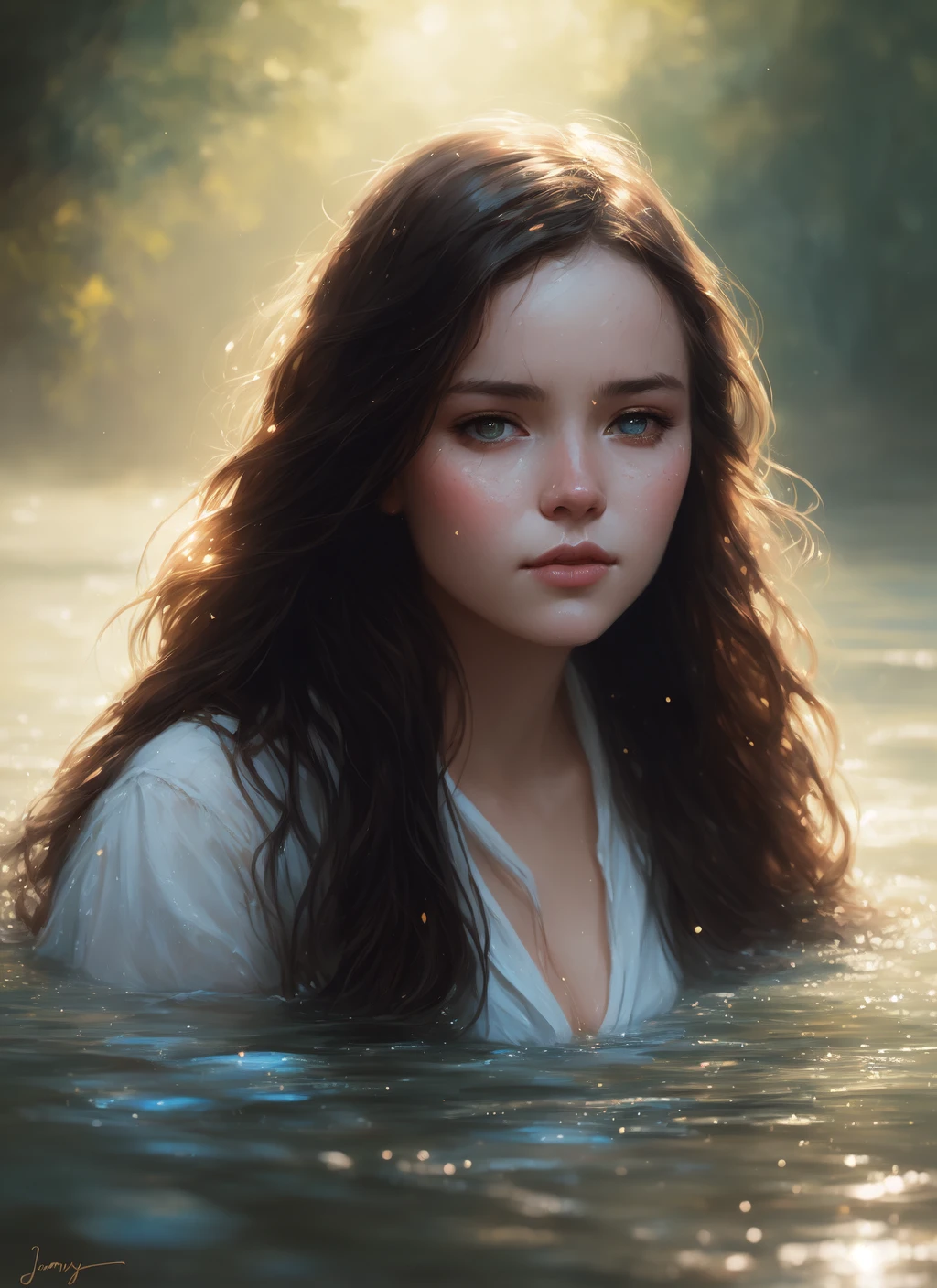 close up portrait of a cute woman bathing in a river, reeds, (backlighting), realistic, masterpiece, highest quality, lens flare, shade, bloom, [[chromatic aberration]], by Jeremy Lipking, by Antonio J. Manzanedo, digital painting
