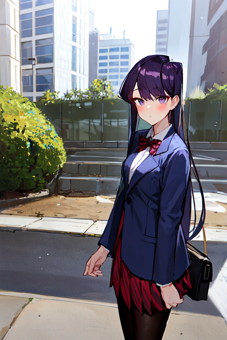 ((komi shouko)), 1girl, bangs, black pantyhose, blazer, blue jacket, blush, bow, bowtie, breasts, closed mouth, collared shirt, bag, cowboy shot, diagonal-striped skirt, expressionless, outdoors, highres, jacket, (komi-san wa komyushou desu), long hair, looking at viewer, medium breasts, pantyhose, pleated skirt, purple eyes, purple hair, red bow, red bowtie, red skirt, school uniform, shirt, skirt, solo, striped, striped bow, striped bowtie, striped skirt, swept bangs, white shirt <lora:komi_shouko:0.55>