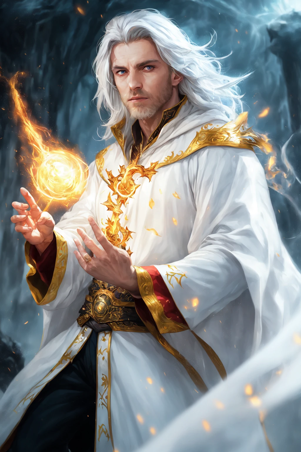 photorealistic photo of a handsome young male wizard, white wizard shirt with golden trim, white robe moving in the wind, long white hair, fully clothed, perfect face, handsome, (perfect composition:1.4), deviantart hd, artstation hd, concept art, detailed face and body, award-winning photography, margins, detailed face, detailed hands, ,backlight, 12k ultrarealistic, ray tracing, intense gaze, looking at the viewer, cinematic lighting, art by Grzegorz Rutkowski, embers, high fantasy background, action pose, hands up to 90 degrees, holding a small magic wand, water splash, misty