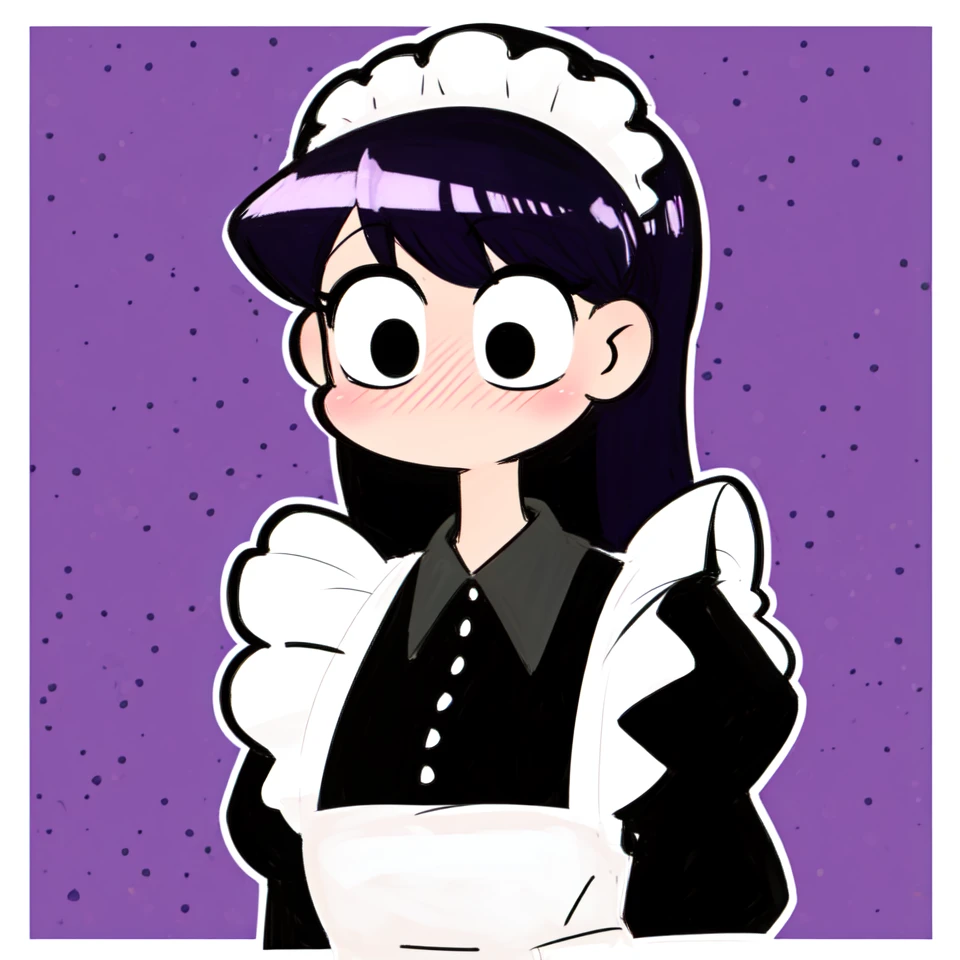 ((komi shouko)), 1girl, apron, black eyes, dotted background, emphasis lines,komi-san wa komyushou desu, long hair, looking at viewer, maid, (no mouth), (no nose), purple hair, self-upload, solo, sound effects, upper body, nose blush, large eyes, shaded face, border, outline <lora:komi_shouko:0.7>