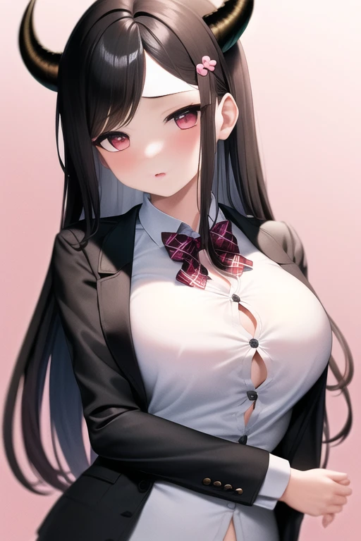 masterpiece, best quality,  1girl, bangs, black jacket, blush,breasts, brown eyes,  eyeliner, horns, jacket, medium breasts, long hair, makeup,  parted bangs,  pink eyes,  solo
,(button gap),  button down shirt, ill fitting clothes, (sfw)