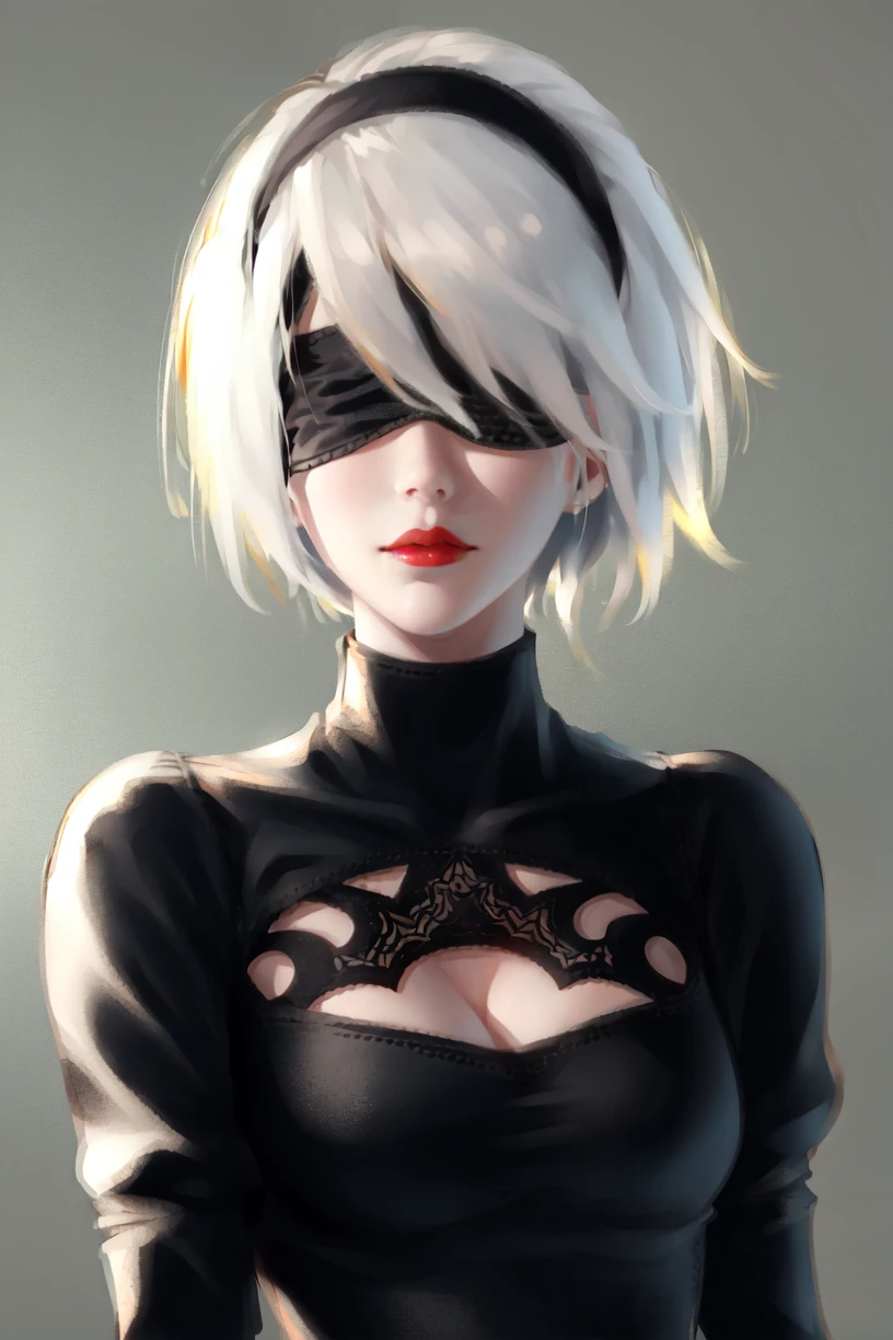 yorha no. 2 type b, 1girl, wlop, (blindfold), breasts, cleavage, cleavage cutout, clothing cutout, green background, hair between eyes, hairband, highres, juliet sleeves, long sleeves, nier (series), nier automata, puffy sleeves, red lips, shaded face, short hair, solo, turtleneck, upper body, white hair, sky
<lora:yorha_noDOT_2_type_b:0.4> <lora:wlop-000030:0.5>