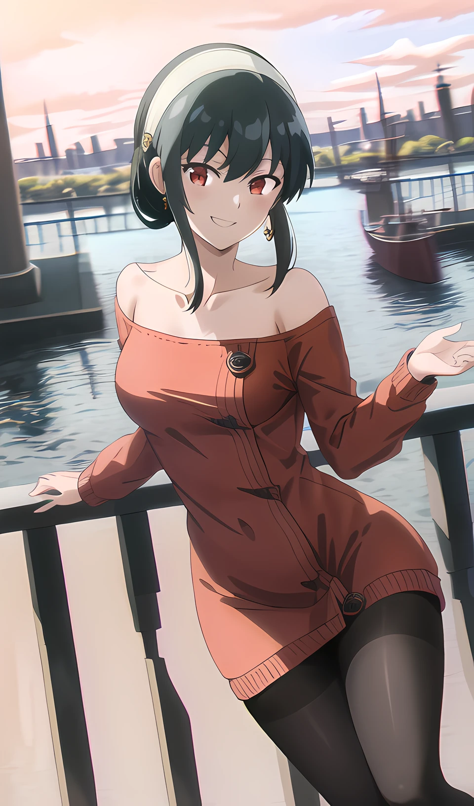 masterpiece,best quality, Anime Style、off-shoulder_sweater, solo, yor_briar, 1girl, red_sweater, looking_at_viewer, highres, hairband, gold_earrings, morning、On the balcony of a resort hotel、Blue sky、blue sea、cowboy shot, y pose, bewitching pose, arched back, hands on hips, smile,