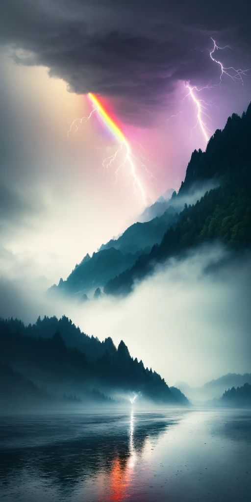 analog style,Chromav5, nvinkpunk,masterpiece, best quality, high quality,extremely detailed CG unity 8k wallpaper, scenery, outdoors, tree, no humans, sky, cloud, mountain, nature, river, water, rock, cloudy sky, day, landscape, reflection, lake, blue sky, building, mountainous horizon,heavy rain, rainbow, rain, Stormy, lightning, mist, fog , oil paiting, award winning photography, Bokeh, Depth of Field, HDR, bloom, Chromatic Aberration ,Photorealistic,extremely detailed, trending on artstation, trending on CGsociety, Intricate, High Detail, dramatic, art by midjourney