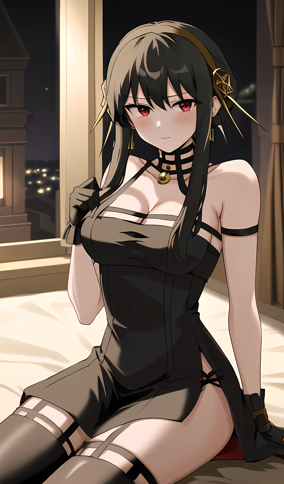 best quality, black hair, 1girl, bored, indoors mansion, night, sitting, corneo_thorn_princess_yor