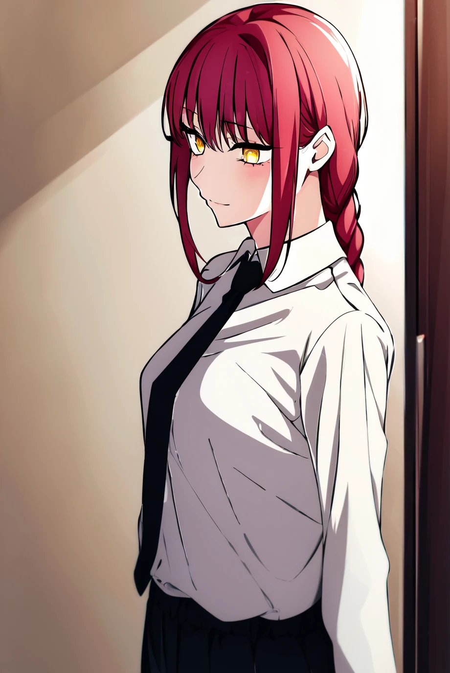 makima\(chainsaw man\), smile, long sleeves, long hair, red hair, pantylines, solo, looking at viewer, looking back, pants, squatting, black pants, yellow eyes, 1girl, white shirt, ass, from behind, braided ponytail, shirt, braid, ringed eyes, simple background, white background, collared shirt