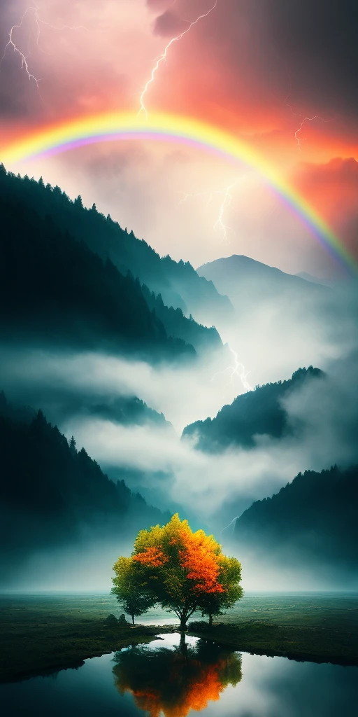 analog style,Chromav5, nvinkpunk,masterpiece, best quality, high quality,extremely detailed CG unity 8k wallpaper, scenery, outdoors, tree, no humans, sky, cloud, mountain, nature, river, water, rock, cloudy sky, night, landscape, reflection, lake, blue sky, building, mountainous horizon,heavy rain, rainbow, rain, Stormy, lightning, mist, fog , oil paiting, award winning photography, Bokeh, Depth of Field, HDR, bloom, Chromatic Aberration ,Photorealistic,extremely detailed, trending on artstation, trending on CGsociety, Intricate, High Detail, dramatic, art by midjourney