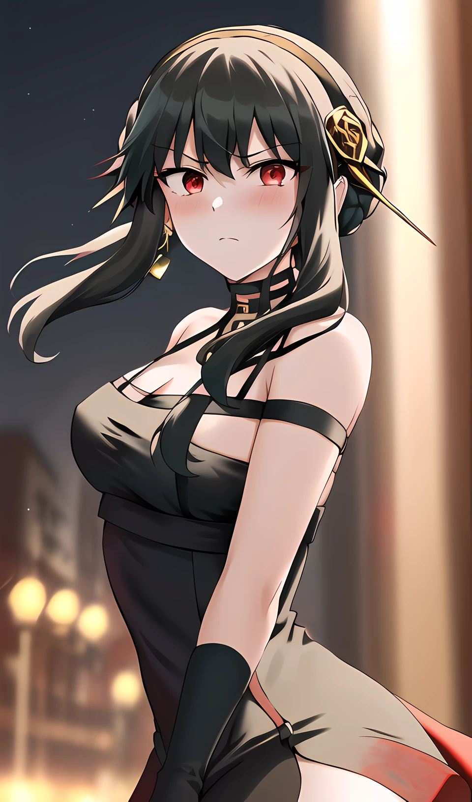 best quality, black hair, 1girl, (disdain), outdoors, sky, night, dynamic fighting pose, corneo_thorn_princess_yor