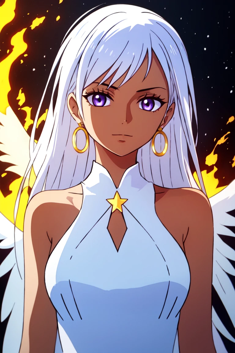 1girl, wanostyle, white_hair, fire, a girl with white hair and blue eyes wearing a white dress and black wings in front of a dark background with fire behind her, bare shoulders, closed mouth, dark-skinned female, (dark skin), hoop earrings, long hair, looking at viewer, purple eyes, star-shaped eyes, solo, upper body, white hair, (((masterpiece))), ((best quality)), (extremely detailed), watercolor, illustration, depth of field, sketch, dark intense shadows, sharp focus, soft lighting, hdr, colorful, good composition <lora:wanostyle_2_offset:0.9>