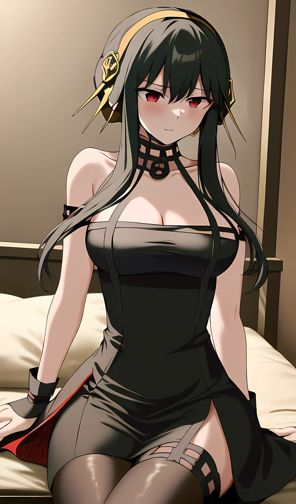 best quality, black hair, 1girl, bored, indoors mansion, night, sitting, corneo_thorn_princess_yor