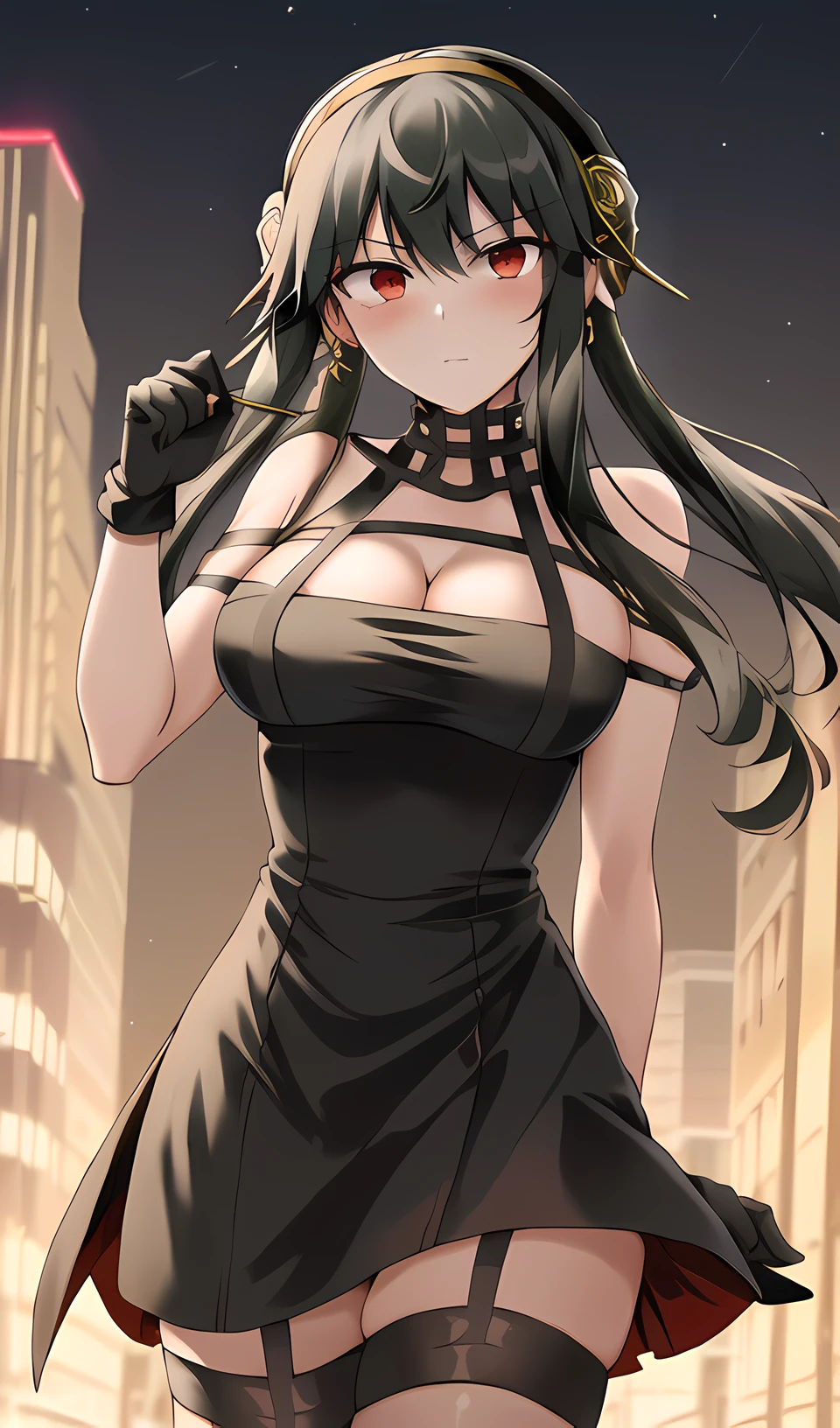 best quality, (black hair), 1girl, narrowed eyes, outdoors, sky, city, night, corneo_thorn_princess_yor