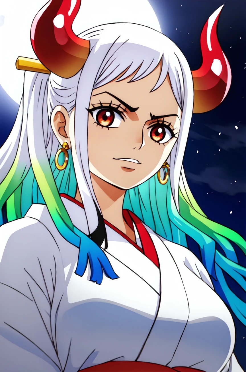 1girl, yamato_5000, white hair, green hair, gradient hair, horns, wanostyle, ring earrings, ((masterpiece)), ((best quality)), extremely detailed, bloom, kimono, traditional clothing, depth of field, sketch, dark intense shadows, sharp focus, soft lighting, darkness, good composition, solo, outdoors, night moon, from below, upper body, light from behind, <lora:wanostyle_2_offset:0.7>