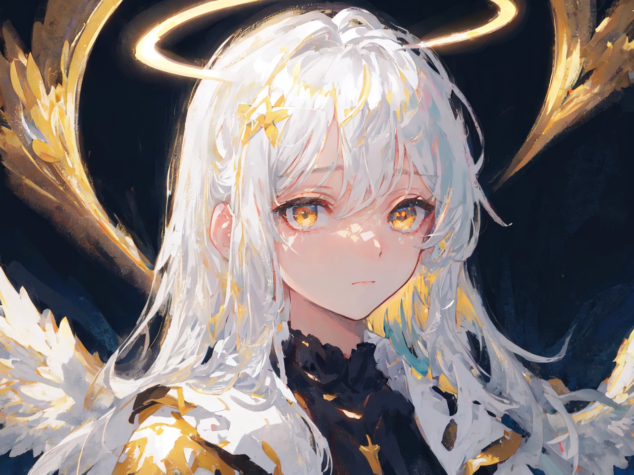 masterpiece, best quality, ultra-detailed, illustration, close-up, straight on, face focus, 1girl, white hair, golden eyes, long hair, halo, angel wings, serene expression, looking at viewer