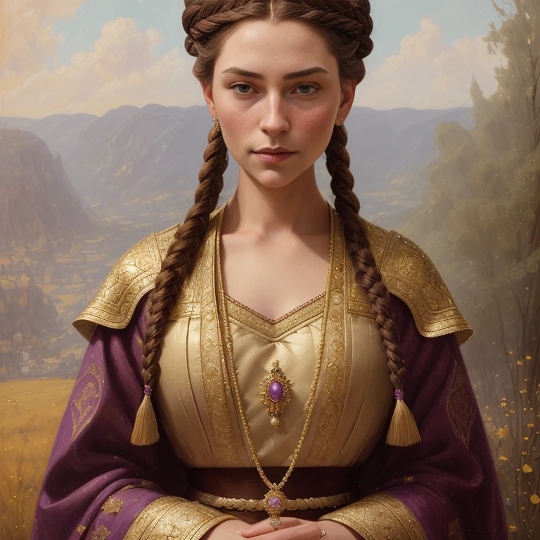 portrait of a young queen with long ((wine color braided hair)), royal guard purple outfit, elegant, regal, fantasy, by George R.R. Martin, detailed landscape, magical, realism, perfect rendered face, perfect face details, oil on canvas, new realism, oil painting, by Sam Toft, by Ilia Repin, by Miles Aldridge