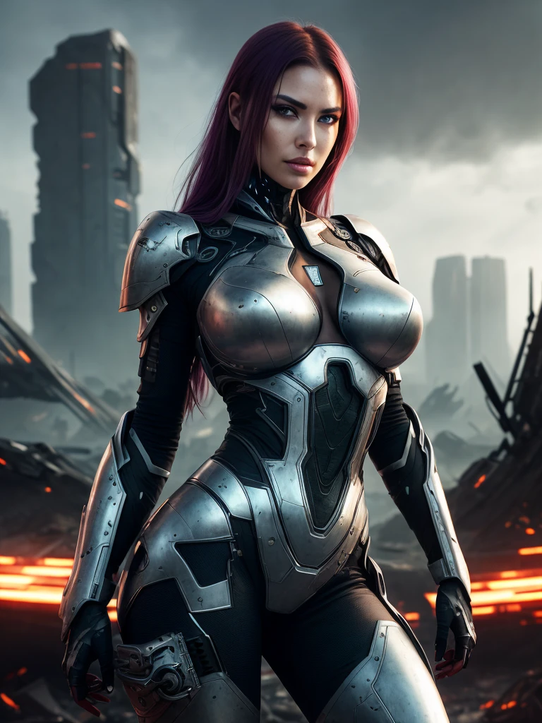 medium shot photo of sexy female cyborg wearing scratched and tarnished futuristic armor in a destroyed futuristic city, fantasy, sci-fi, beautiful feminine face, seductive, sexual, mist, vivid alluring eyes, best quality masterpiece, photorealistic, detailed, 8k, HDR, shallow depth of field, broad light, high contrast, backlighting, bloom, light sparkles, chromatic aberration, sharp focus, RAW color photo