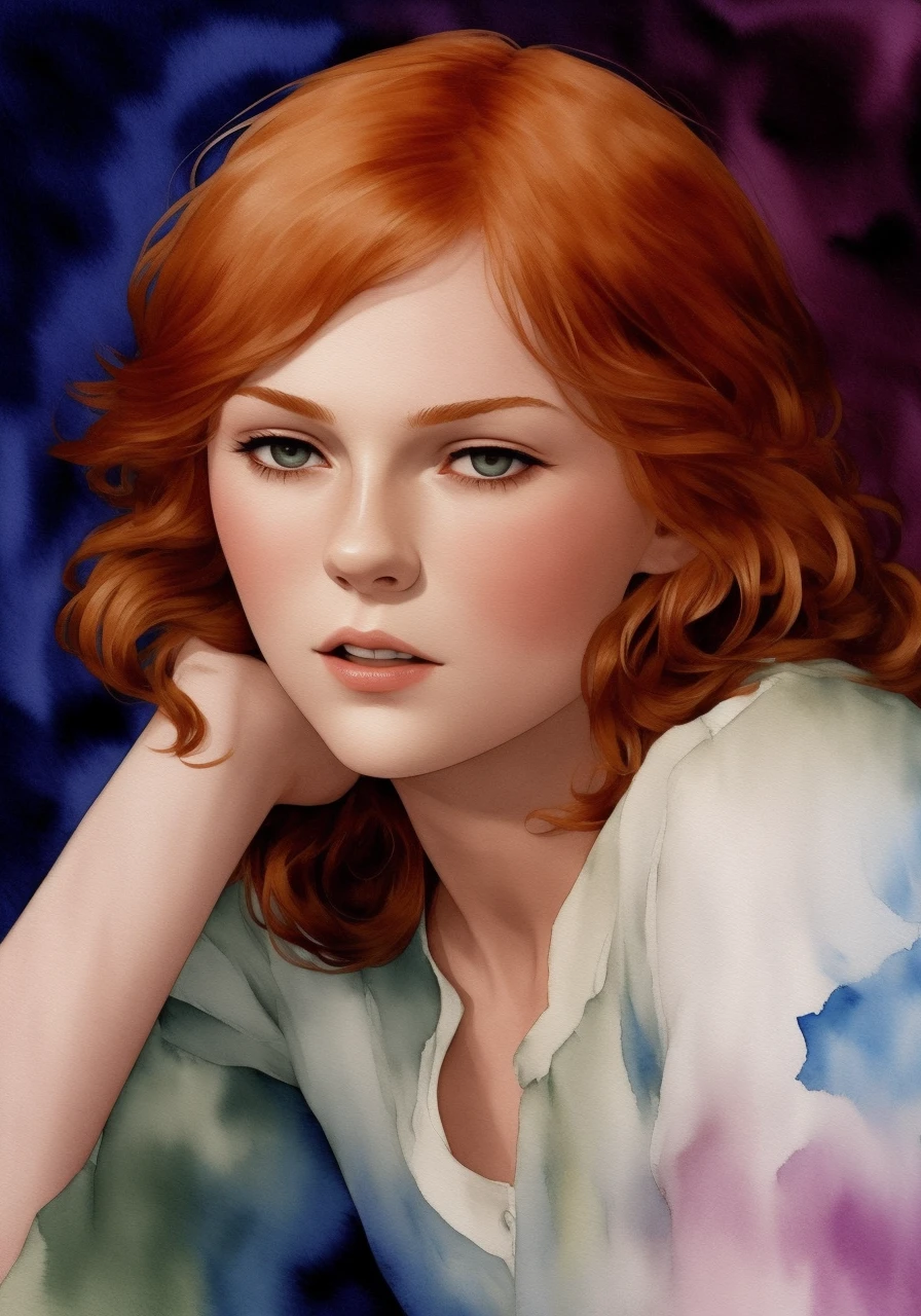 KirDun69, ((detailed facial features)), ((wide angle)), long red ginger hair, (freckles:0.6), amazing body, pronounced feminine feature, kitchen, close up, sketch, line-art, (colour gradients:1.0),(tempera:1.1), traditional media, screentones, (watercolour:1.2), chromatic aberration, masterpiece, highest quality, highres, dark academia, retro style, (thick eyebrows:0.8),
(by (Alphonse Mucha:0.6), by Ilya Kuvshinov,
by kentaro miura, by yoji shinkawa)