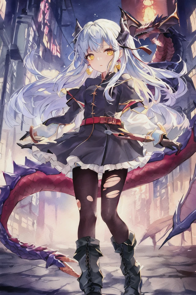 (art by yaguru magiku, (001glitch-core, dreamcore), 8sconception, alberto-mielgo, anime-background-style-v2, Super Quality, Vaporwave,Synth Wave,weirdcore, dreamy, full body
(1 girl,silver hair,red eyes,black pantyhose,(((beautiful detailed face))),beautiful long legs, earrings,belt,messy hair, dirty face, battle damage, torn,blade,fighting,arknights,(ruins),wind,battle fild,burning city,(fire),night,glowing,light,((green light)),red light,((cyberpunk)),building,((dragon)),wide shot,Floating hair,fragment,Floating glow,Boots,(cool),Floating ribbon)
Visual effects:movie lights, ,((masterpiece)),best quality,high resolution illustrations,particle effect,((very detailed CG)),((masterpiece))absurd,intricate details,((8k_wallpaper)),
[[red, blue, green, yellow, black, white, pink, purple, cowboy shot, ((((colorful)))), ink and wash painting, [white hair], delicate and beautiful girl, ((illustration)), ((floating hair)), ((chromatic aberration))]],