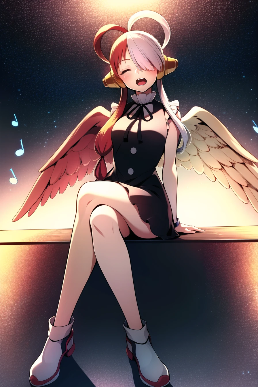 uta \(one piece\),

1girl, bangs, beamed eighth notes, black ribbon, breasts, closed eyes, crossed legs, dress, eighth note, eyelashes, full body, hair over one eye, long hair, multicolored hair, music, musical note, open mouth, quarter note, red hair, ribbon, singing, sitting, solo, split-color hair, white hair

<lora:uta:0.7>