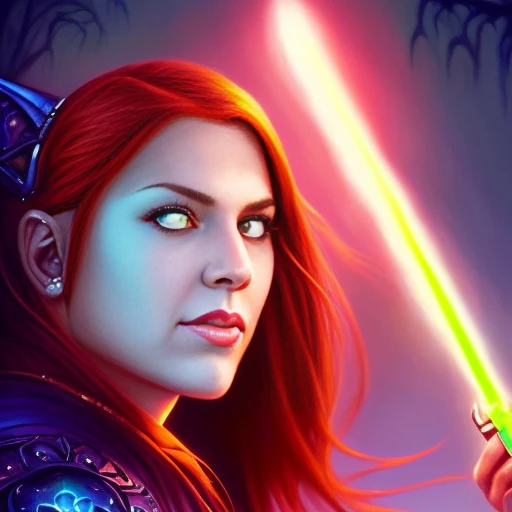 Dragonlance paintings by Larry Elmore, WLOP style, extremely attractive female, holding a lightsaber, sci fi style, looking at the camera, perfect face, perfect eyes,,snthwve style, lisdusk2, nvinkpunk, kairowez
