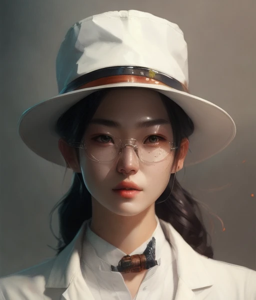 wide profile angle of character wearing a lab coat and hat, man, a detailed painting, cgsociety, detailed painting, artstation hd, high detail, cgsociety, photorealism, concept art, artstation hd, official art