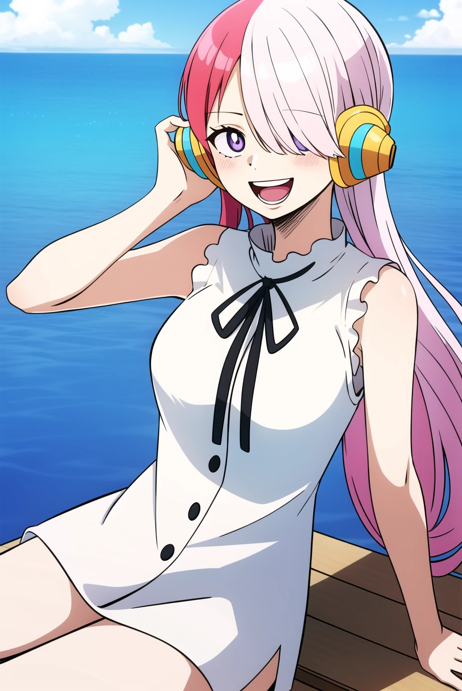 uta \(one piece\), wanostyle,

1girl, :d, bangs, blue ribbon, diamond-shaped pupils, diamond \(shape\), hair between eyes, headphones, long hair, multicolored hair, open mouth, purple eyes, red hair, ribbon, shirt, signature, sleeveless, sleeveless shirt, smile, solo, (split-color hair), symbol-shaped pupils, white hair, white shirt, sea, one eye covered,

<lora:uta:0.6>  <lora:wanostyle_2:0.35>