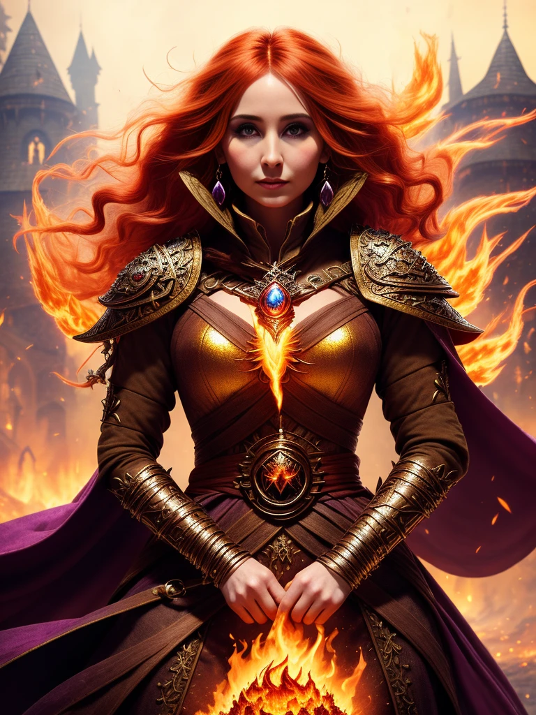 modelshoot style, waist up, award winning digital art of a beautiful sorceress conjuring fire, fully clothed, in a burning and destroyed fantasy village, detailed eyes, magical, d&d, masterpiece, best quality, high contrast, soft lighting, backlighting, bloom, light sparkles, chromatic aberration, smooth, sharp focus