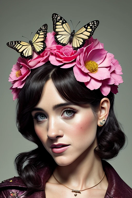 full body portrait of a gorgeous young nataliadyer, A highly detailed and hyper realistic lisa frank, trending on artstation, butterflies, floral, sharp focus, studio photo, intricate details, highly detailed, by Tvera and wlop and artgerm, alberto seveso and geo2099 style
