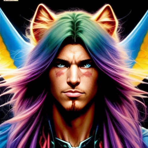 joe madureira comic book style, Thomas Kinkade Painting, Larry Elmore, WLOP, extremely attractive female , rainbow hair, looking at the camera, perfect face, perfect eyes,,snthwve style, kairowez