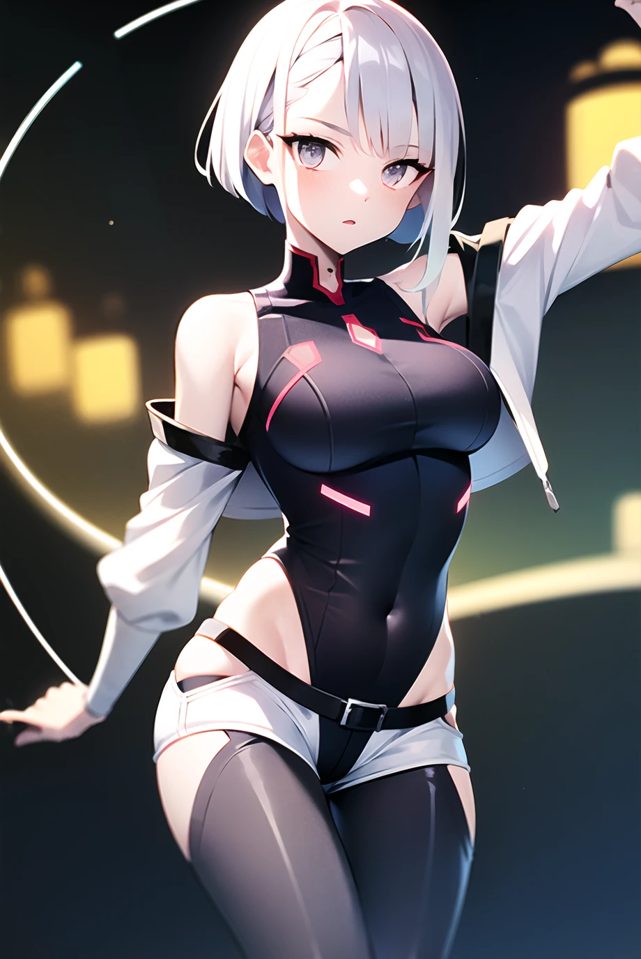 lucy \(cyberpunk\), 

1girl, arm up, asymmetrical hair, belt, bodysuit, covered mouth, covered navel, detached sleeves, grey eyes, hip vent, holding, holding weapon, looking at viewer, night, night sky, pouch, short hair, sky, solo, weapon, white hair, wire, short shorts, shorts, open jacket, 

<lora:lucy_offset:1>