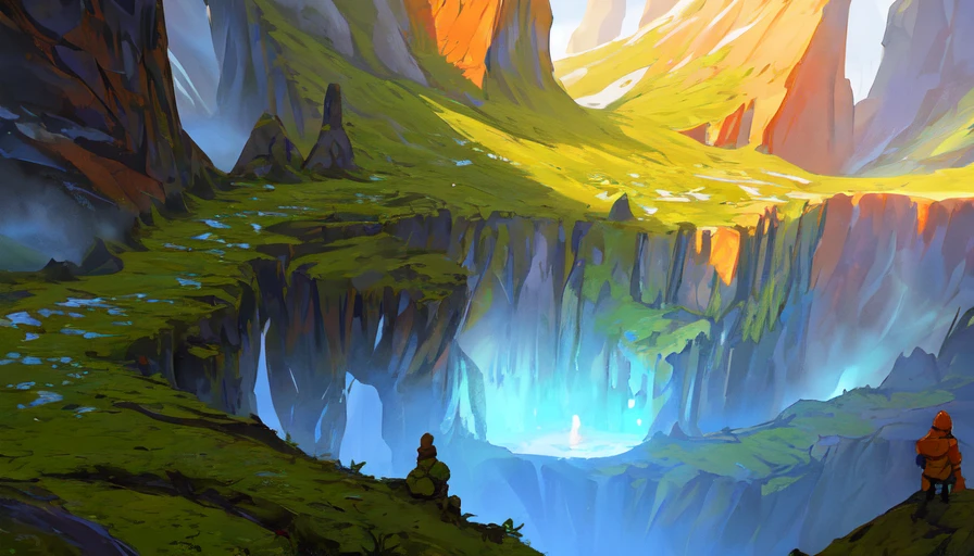 Conceptart,Concept Art,SamWho,mksks style, green moss, species, overlooking chasm, volcano